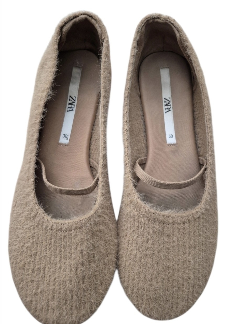 💕Zara Taupe Fuzzy Ballet Flats with Elastic Strap Size 7.5-8💕